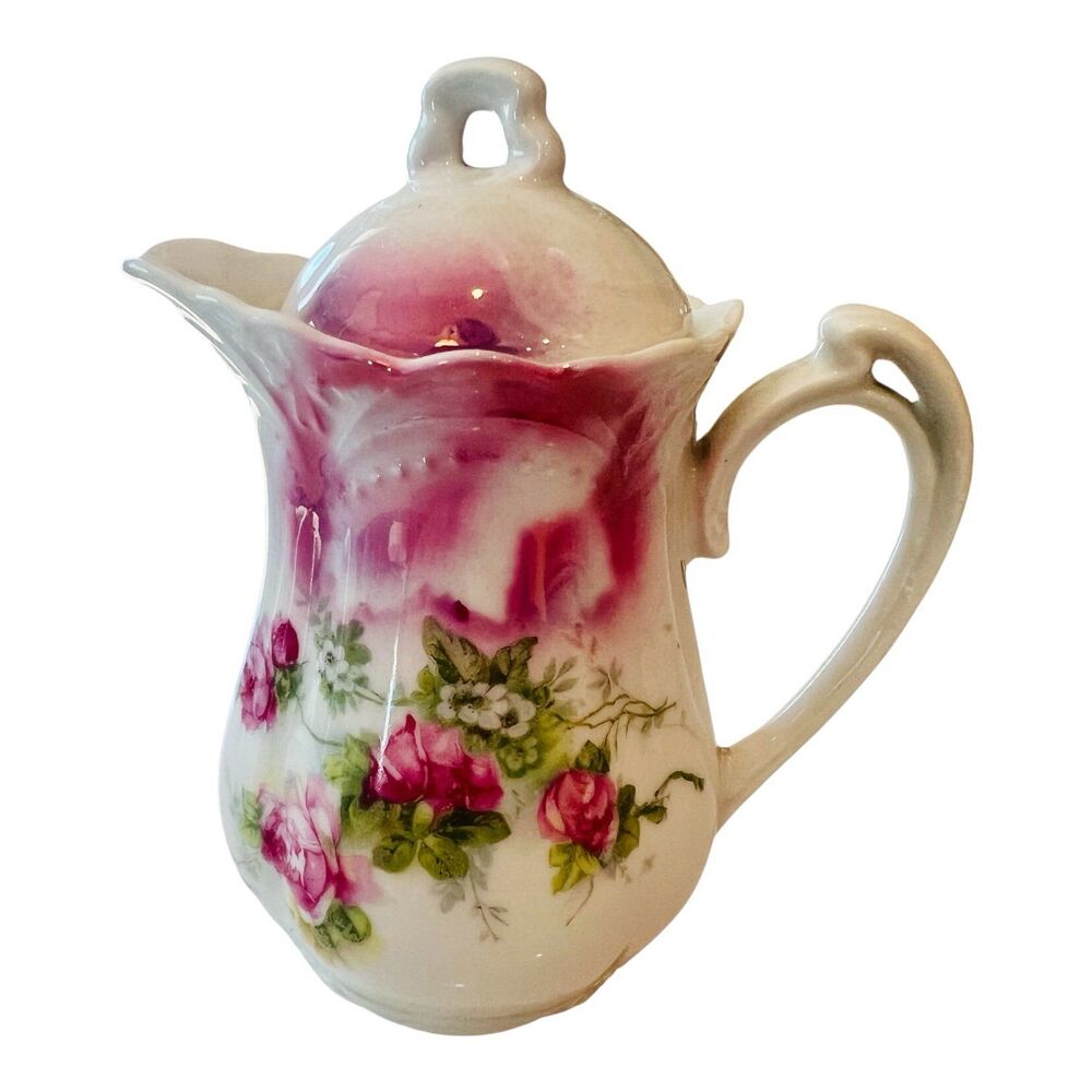 Antique RS Prussia Style Mini Creamer Pitcher w Lid Pink Roses Porcelain 3.5”